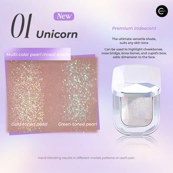TRUTH'KEY Gem Freeze-Dried Highlighter compact with iridescent multicolor pearl swatches, front view