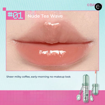 Little Ondine Tamagotchi Pixel Pals lip tint in Nude Tea Wave, glossy lip close-up with product tube
