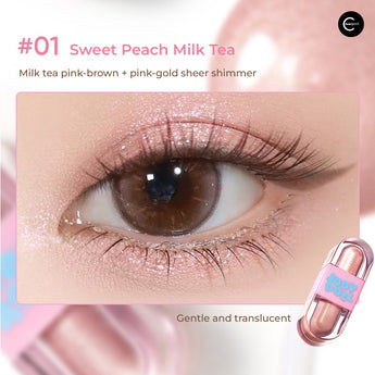 Judydoll Hard Candy Dual-Effect Eyeshadow Liquid in #01 Sweet Peach Milk Tea with eye swatch