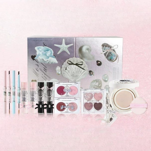 FLORTTE Glass Sea Makeup Gift Set with pastel cosmetics, heart palettes, lip products, and compact