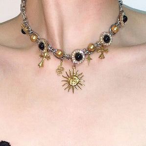 LATAO Medusa Black Gold Cross Sun Pearl Vintage Necklace