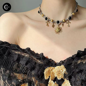 LATAO Medusa Black Gold Cross Sun Pearl Vintage Necklace