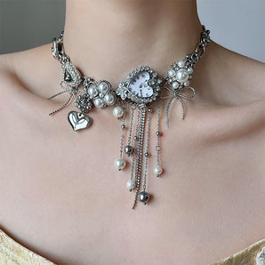 LATAO Original Love Heart Clock Pearl Titanium Steel Necklace