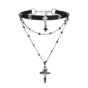 A Part Of Me Raven Series black choker necklace with layered chains and cross pendants, front view