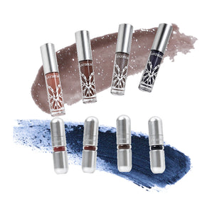ANTHEMY lip gloss and lip mud tubes in assorted shades with brown and blue swatches