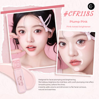 CHEERFLOR Cheerflor Bow Satin Brightening Liquid in Plump Pink, liquid highlighter bottle with facial application photos