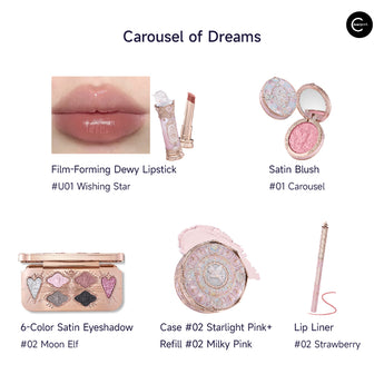 Flower Knows Carousel of Dreams makeup set with lipstick, blush, six-color eyeshadow, compact refill, and lip liner