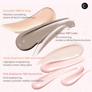 CHEERFLOR liquid highlighter and contour swatches in Mi Tang, Latte, Moon White, and Plump Pink