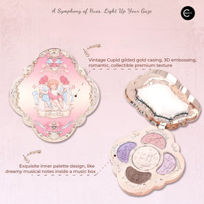 Cheerflor Dream Music Box Series 5-color eyeshadow palette in ornate pink music box-style compact, open and closed views