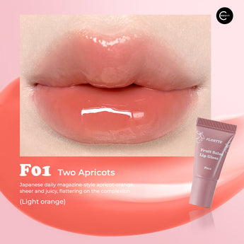FLORTTE Fruit Salad Soft Tube Lip Gloss in Two Apricots (#F01), shown on lips with the tube