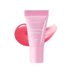 FLORTTE Fruit Salad Soft Tube Lip Gloss in F05, pink tube with pink swatches