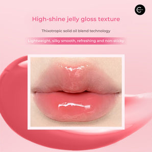 Close-up of lips wearing FLORTTE Fruit Salad Soft Tube Lip Gloss in a glossy pink tint