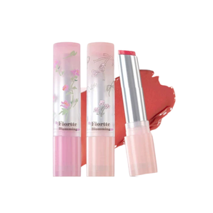 FLORTTE Self-Love Solid Lip Gloss in floral tubes, with one open red shade shown beside a red swatch