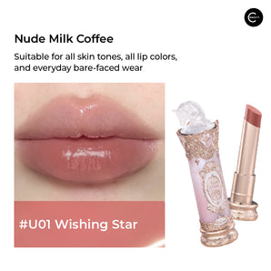 Flower Knows Knight Unicorn film-forming water-gloss lipstick in #U01 Wishing Star, shown with lip swatch and open tube