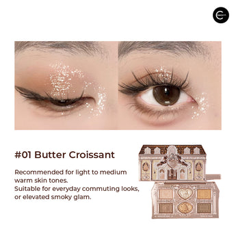 Flower Knows Sweet Heart Bear Series 6-Color Eyeshadow Palette #01 Butter Croissant, open palette with eye makeup swatches