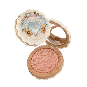 Flower Knows Sweet Heart Bear embossed blush compact shown open with a pink pressed powder and decorative case