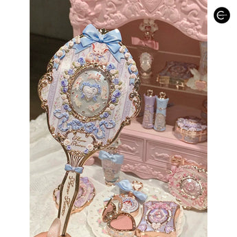 Flower Knows Sweetheart Bear Midsummer Night handheld makeup mirror with ornate pastel floral and blue bow design