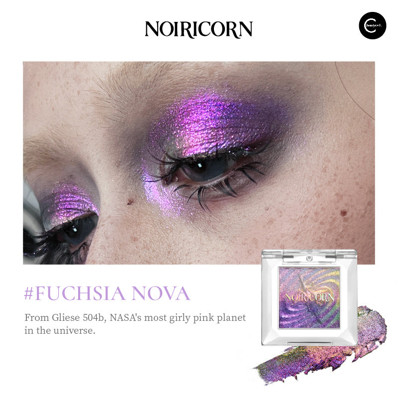 NOIRICORN Fuchsia Nova eyeshadow compact with pink-purple shimmer and swatch beside a close-up eye look