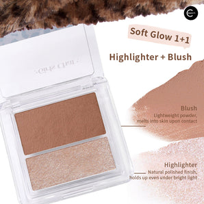 GIRLS CHAT blush and highlighter duo palette open with warm brown blush and shimmery champagne highlighter pans