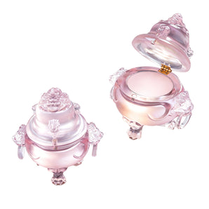 HUAZHUANGJI satin velvet blush in ornate pink compacts, one open to show the pressed blush pan