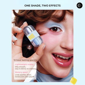 JUDYDOLL Hard Candy Dual-Effect liquid eyeshadow tube held near a model's eye