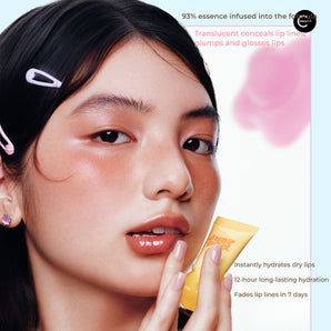 JUDYDOLL Jelly Lip Gloss tube held beside a close-up of glossy lips