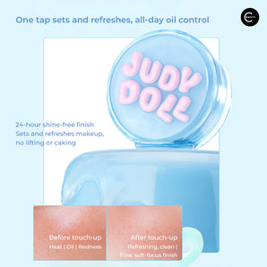 Judydoll Pudding Oil-Control Cushion in a translucent blue compact, shown open with before-and-after skin panels