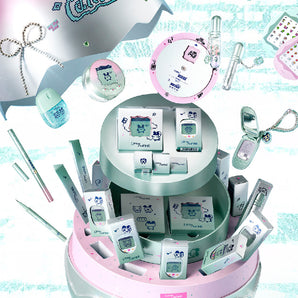 Little Ondine Tamagotchi Pixel Pals collaboration makeup gift box display with packaged cosmetics and accessories