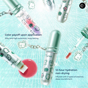 Little Ondine Tamagotchi Pixel Pals Water-Gloss Lip Glaze tubes and applicator shown with a pink swatch