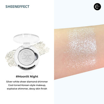 SheenEffect Diamond Highlighter Single Eyeshadow in Moonlit Night, open silver shimmer compact with arm swatch