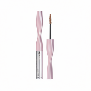 ROZO tinted brow gel tube with pink cap and open spoolie applicator on white background