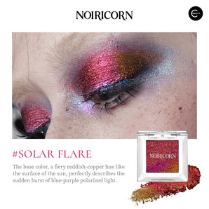 NOIRICORN Solar Flare single eyeshadow pigment with red, copper, blue and purple shimmer, compact and swatches