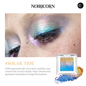 NOIRICORN Astral Archive Solar Tide single eyeshadow with gold, blue, and pink shimmer eye makeup swatch
