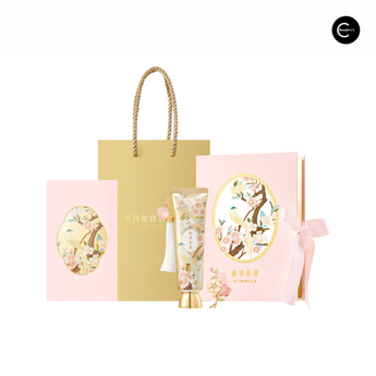 The Palace Museum Peach and Plum Fragrance hand cream gift set with floral illustrated box, bag, and tube