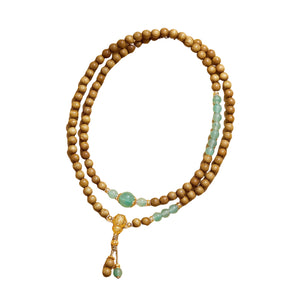 The Palace Museum Golden Jade Gourd Golden Silk Nanmu beaded bracelet with brown and green beads, front view