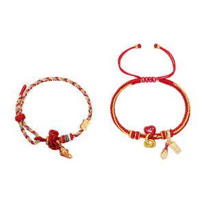 The Palace Museum red braided cord bracelet with decorative gold-tone and multicolor charms, shown in two designs