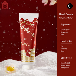 The Palace Museum Palace Snow hand cream tube with red floral and palace artwork