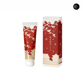 The Palace Museum Palace Snow hand cream tube and matching red gift box, front view