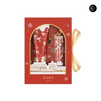 The Palace Museum Palace Snow hand cream and lip balm gift set in red packaging, front view