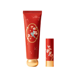 The Palace Museum Plum Blossom & Magpie hand cream tube and lip balm in red packaging, front view