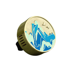 The Palace Museum #01 car fragrance with a gold-tone round mount and blue mountain landscape design