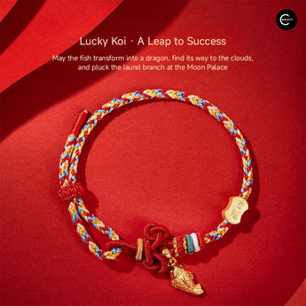 The Palace Museum Lucky Koi bracelet, braided multicolor cord with gold-tone charms, displayed on a red background