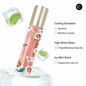 CATKIN floral pink beauty product bottle beside mint ice with cooling, glossy and mint-scent callouts