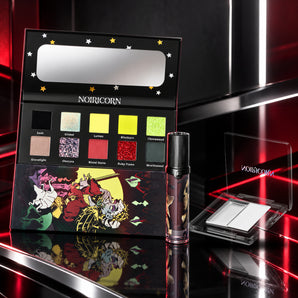 Dark Romance Starter: BLIGHTMOON palette, GIRLCULT G73 lip color and transparent NOIRICORN Grip-It Duo primer in a red-black editorial arrangement.