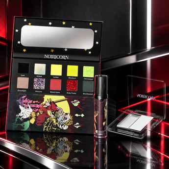 Dark Romance Starter: BLIGHTMOON palette, GIRLCULT G73 lip color and transparent NOIRICORN Grip-It Duo primer in a red-black editorial arrangement.