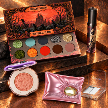 Warm Grunge: SHELLWE Nocturnal Flame palette, GIRLCULT M60 lip color and 10 blush, closed CHEERYEP SH01 highlighter and transparent Grip-It Duo primer.
