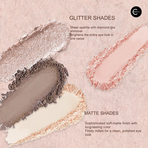 Eyeshadow graphic showing glitter and matte swatches with Chinese finish descriptions