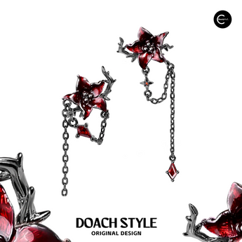 DOACH STYLE asymmetrical red mandala flower stud earrings with dangling chains and red stone accents