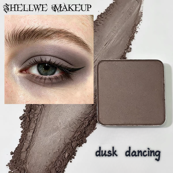 Shellwe Makeup single eyeshadow in Dusk Dancing shade with eyeshadow pan, swatch, and eye makeup look
