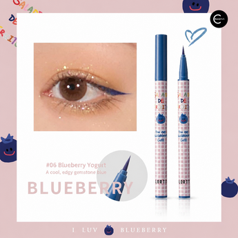 Blue liquid eyeliner in shade 06 Blueberry Yogurt with two pen-style tubes and a winged-eye close-up